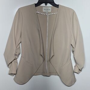 M HAUTE MONDE NEUTRAL STRETCH GATHERED SLEEVES OPEN BLAZER JACKET MEDIUM